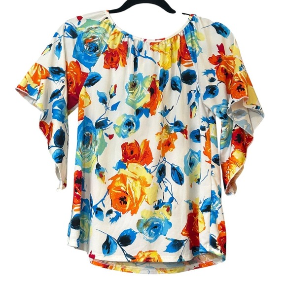 Espresso Blouse Womens Size S White with Multicolor Floral S/S Top - Picture 2 of 10